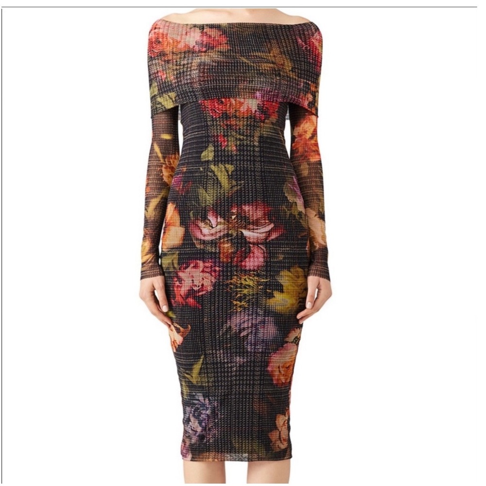 FUZZI  OFF SHOULDER FLORAL GRAPHIC BODYCON MIDI DRESS SIZE M **RARE**